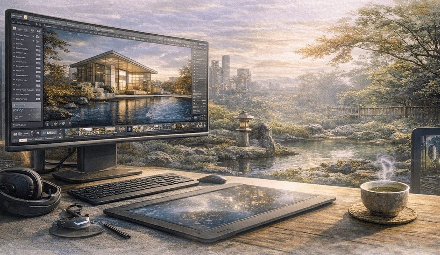 Computer workstation overlooking a garden landscape while editing a digital architectural rendering of a modern glass house