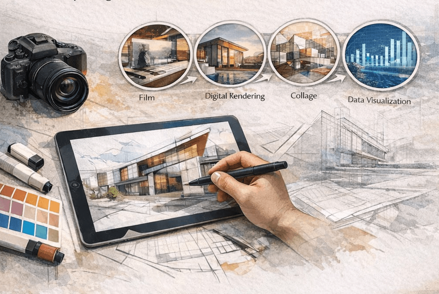Architectural design process illustrated on a tablet as a hand sketches a modern building